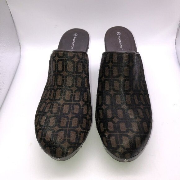 ROCKPORT adiPRENE By Adidas Black Leather Wood Heel Mule Shoes Calf Hair Sz 9.5 - Picture 4 of 10